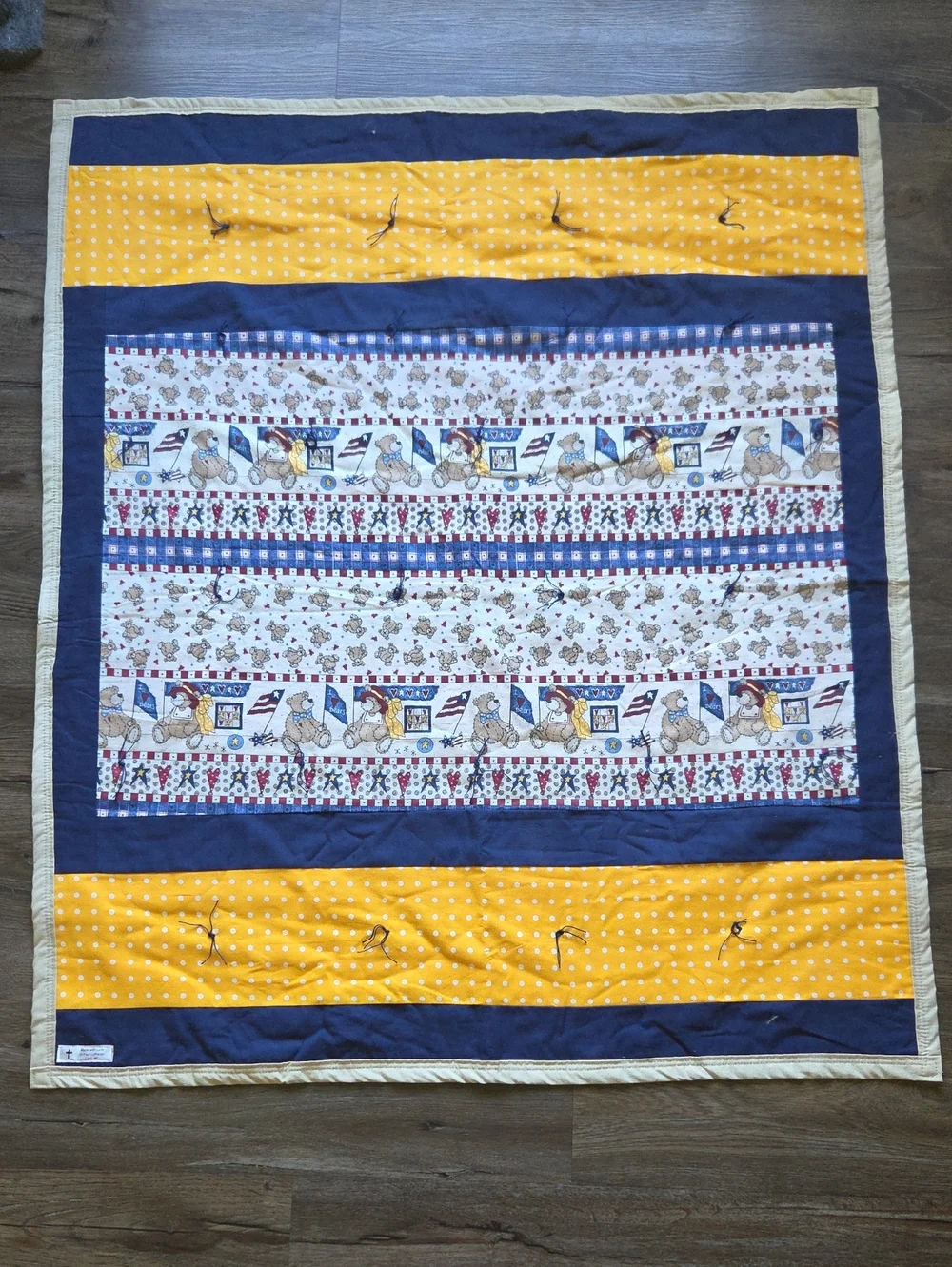 Handmade Navy & Yellow Baby Patchwork Quilt Blanket Polka Dot And Teddy Bear